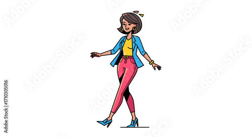 Stylish woman in blue blazer and pink pants walking confidently with poise and grace