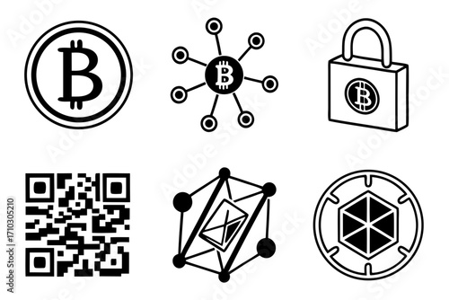 Collection of bitcoin and blockchain technology icons