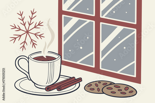Cozy winter scene with hot drink and cookies by the window