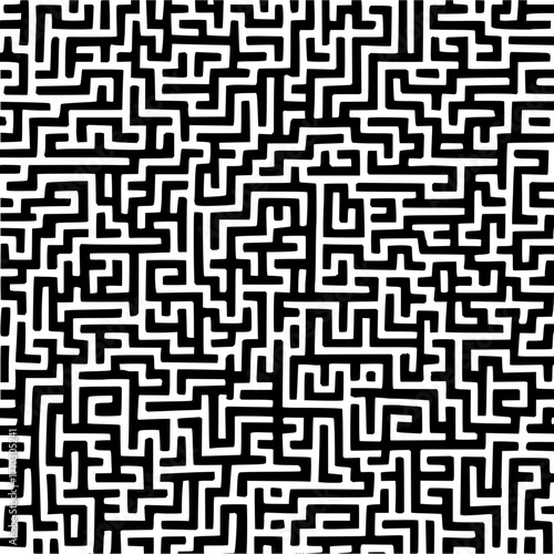 Illustration of a complex black and white maze pattern with winding paths and intricate intersections design