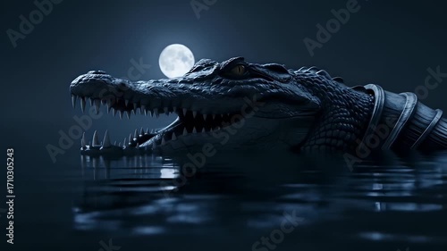 Crocodile lurking in water under moon, a menacing predator. Ideal for nature documentaries, thriller films, horror themes, and wild animal content, survival and adventure.