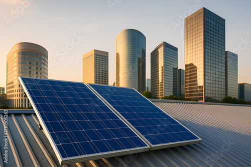 Rooftop solar panels with modern glass buildings at sunset, symbolizing renewable energy, sustainable power, and eco-friendly urban technology.