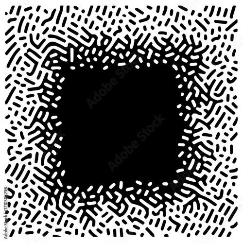 Black square surrounded by irregular white shapes on a black background creating a unique abstract design