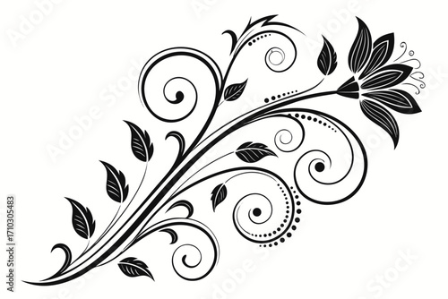 Elegant black floral swirls and leaves design on white background