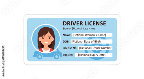 Vector illustration of a driver's license design with fictitious data details and cartoon portrait