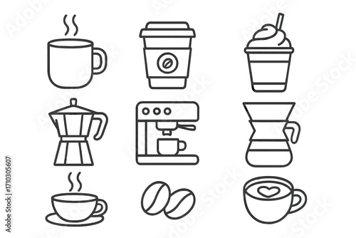 Coffee icon set line art. Minimal pictogram collection. Vector symbols for cafe menu. Espresso machine, moka pot, pour over, latte art, beans, frappe, mug, cup icons.