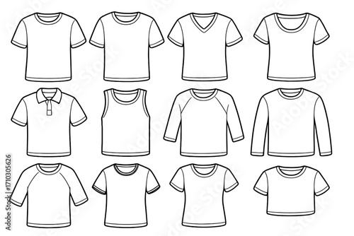 T-shirt outline collection vector set. Various blank shirt styles for mockup. Fashion apparel templates including polo, tank top, long sleeve. Clothing design icons.