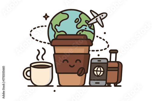 Coffee travel concept illustration. Global adventure with airplane, earth, luggage. Modern technology, connectivity with smartphone. Digital nomad lifestyle, remote work cartoon vector.