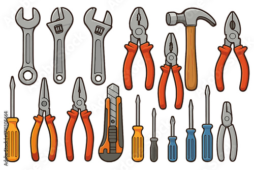 Hand tools collection vector cartoon illustration set. Wrench, screwdriver, pliers, hammer, cutter for repair, DIY, workshop. Home improvement and construction equipment icons.