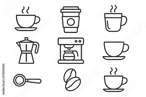 Coffee icon set line art collection. Vector symbols for cafe menu, barista, and coffee shop. Minimalist outline illustration of cup, machine, beans, moka pot, and espresso.
