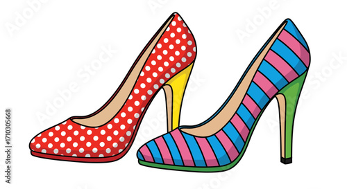 Vibrant stiletto heel illustration featuring playful polka dots and striking stripes