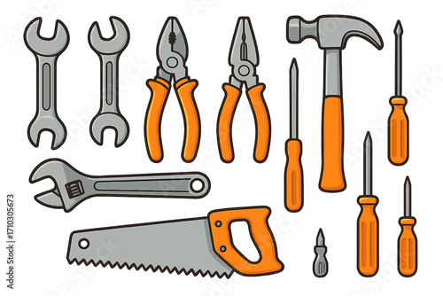 Hand tools vector set for home improvement and repair. Cartoon illustration of wrench, pliers, screwdriver, hammer and saw. Construction and DIY toolkit collection isolated.