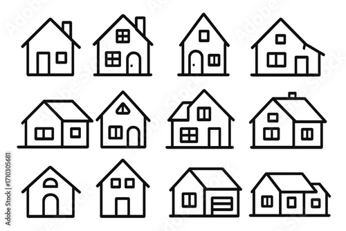 House icon set. Home line art symbols. Real estate thin line icons. Vector building, property, residence, cottage collection. Simple outline pictograms for web, logo, ui.
