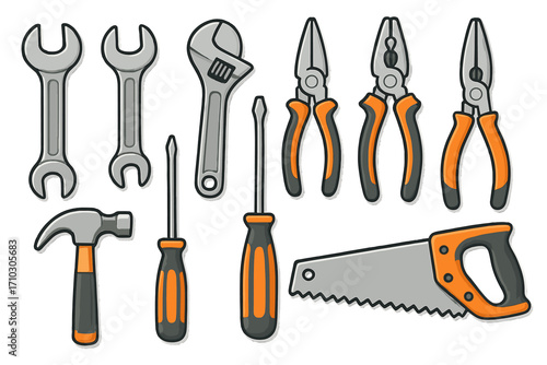 Hand tools set. Repair and construction instruments. DIY home improvement kit. Vector cartoon illustration. Wrench, hammer, saw, pliers, screwdriver. Workshop hardware.