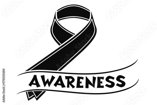 Black awareness ribbon with the word awareness on a banner