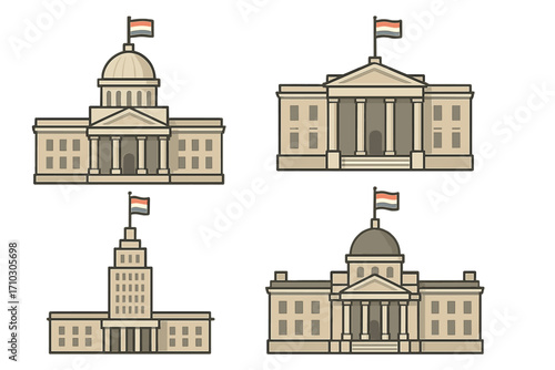 Government building icon set. Collection of state capitol, courthouse, city hall, university, bank architecture. Vector flat line illustration. Public administration buildings.