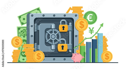 Financial security concept with a bank safe money and coins.