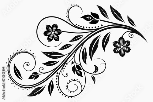 Elegant black floral swirl design with flowers and leaves