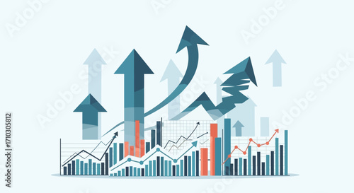 Financial growth charts with upward arrows indicating business success and progress.