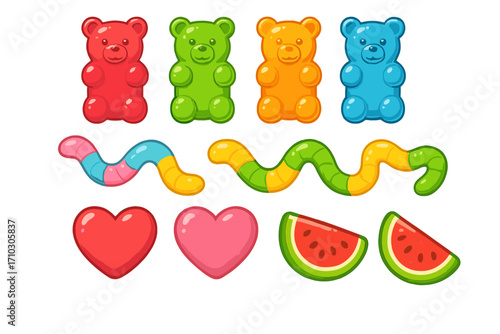 Gummy candy vector set. Colorful jelly sweets collection. Gummy bear, worm, heart, watermelon slice. Cartoon fruit snacks and treats illustration for kids. Isolated icons.