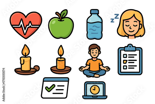 Healthy lifestyle icon set for wellness & work-life balance. Daily routine for health, relaxation, productivity. Self-care vector concepts: sleep, meditation, nutrition.