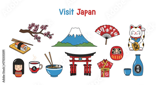 Whimsical Japanese Cultural Icons Set Against a Crisp White Backdrop inviting Exploration