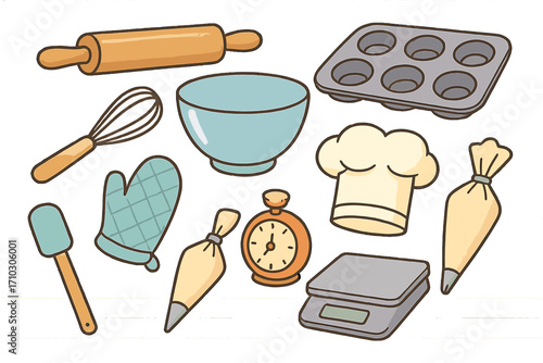Baking tools and kitchen utensils icon set. Pastry and dessert cooking equipment collection. Rolling pin, whisk, bowl, muffin tin, chef hat, piping bag, timer, scale vector.