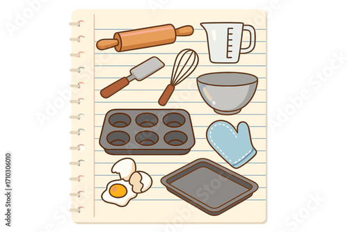 Baking equipment and cooking tools icon set on a notepad. Vector cartoon illustration of kitchen utensils for home cooking recipe. Muffin tin, whisk, rolling pin, bowl, egg.