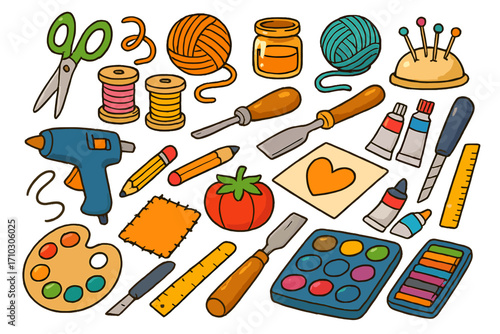Craft and hobby tools big set. Vector icons collection for DIY projects. Equipment for sewing, painting, knitting, art, and woodworking. Colorful cartoon doodle illustration.