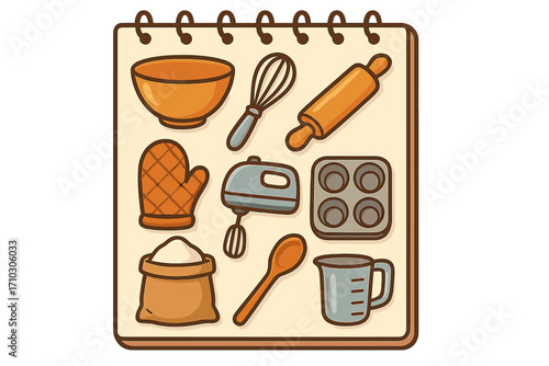 Baking and cooking equipment vector set on a recipe notepad. Cartoon kitchen utensil illustration for home cooks. Collection of mixer, rolling pin, whisk, bowl, oven mitt, flour.