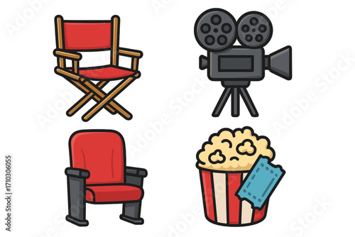 Movie production and cinema icon set. Film industry entertainment elements. Vector cartoon graphic of director chair, retro camera, theater seat, popcorn and movie ticket.