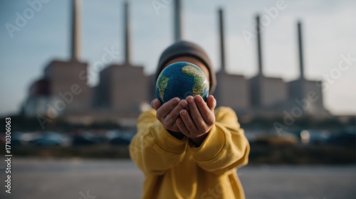 Concerned child holding small earth globe in front of factory. concept for future, environment, pollution, and climate change caused by massive power plant