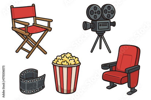 Movie production and cinema experience vector icon set. Film director chair, retro camera, popcorn, theater seat, and filmstrip. Cartoon illustration for entertainment design.