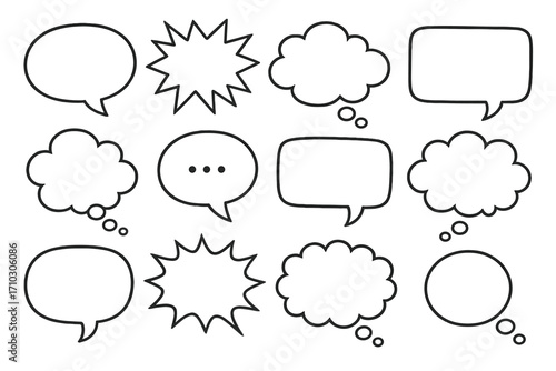 Set of speech and thought bubbles. Hand drawn doodle comic book style pop art dialog clouds. Vector illustration for communication, chat, message, quote or text.