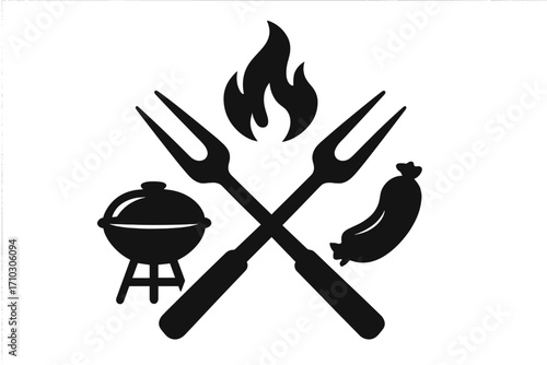 Barbecue grill logo with crossed forks, flame, and sausage. BBQ party icon set. Vector silhouette illustration for steakhouse menu, summer picnic, or food festival.