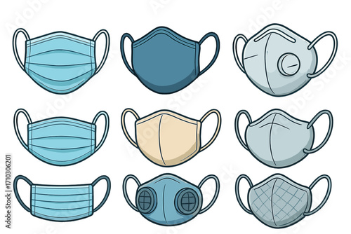 Variety of face masks in neat arrangement, multiple types and designs, vector cartoon illustration of medical, fabric, respirator, N95, surgical masks, protective equipment, transparent background