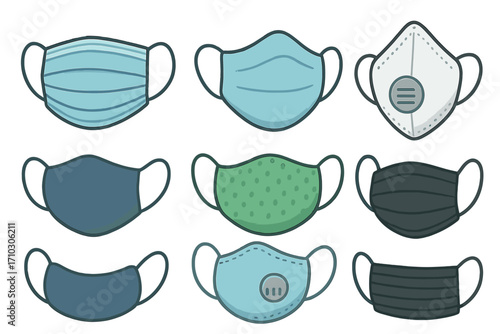 Medical face mask set. Various protection masks. Surgical, cloth, N95 respirator. Pandemic, virus, covid defense concept. Health care safety. Vector cartoon icons collection.