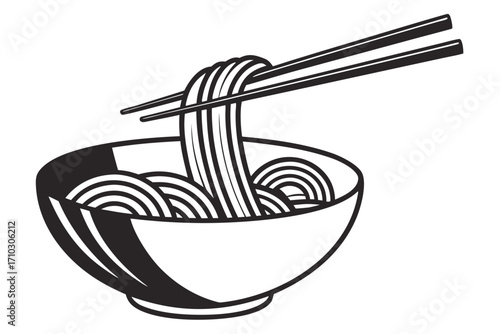 Stylized black and white illustration of noodles being picked up with chopsticks from a bowl