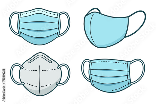 Set of medical face masks. Different types including surgical, N95 respirator, and cloth face covering. Vector icon collection for virus protection, healthcare, and safety.