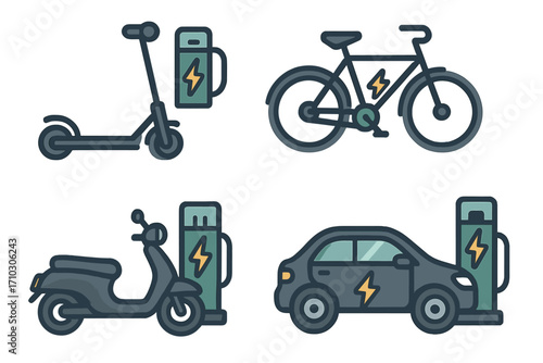 Electric transport icon set with car, scooter, bike, and moped. EV charging station and battery power concept. Vector illustration for eco-friendly mobility and green energy.