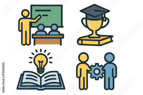 Education icon set for school and university. Teacher in classroom. Student learning. Graduation award. Knowledge from books. Idea and innovation. Teamwork and collaboration.