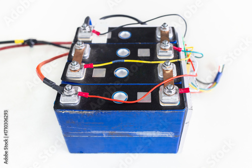 Fototapeta 50Ah Lithium phosphate battery 4 cells connected in series makes a 12 voltage with BMS wiring