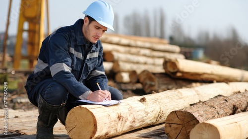 Focused male worker in hard hat and uniform inspecting log. This inspector performs quality control in lumber and forestry industry, writing on clipboard