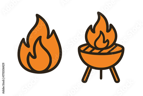 Fire icon, flame silhouette, grill symbol set. Vector cartoon illustration. Barbecue charcoal bonfire concept. Hot cooking, picnic, camping, outdoor party graphic element.