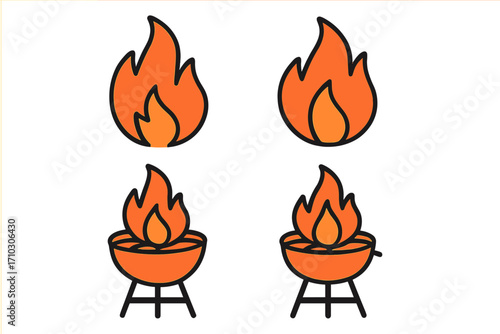 Fire flame and BBQ grill icon set. Vector cartoon illustration of bonfire and barbecue symbols. Simple flat design for hot cooking, cookout, and heat concepts. Isolated.