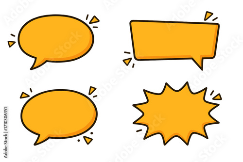 Set of empty yellow speech bubbles vector. Hand drawn cartoon doodle comic elements. Pop art chat box collection. Dialogue balloons for message, quote, text, communication concept.