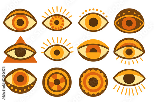 Set of abstract mystic eyes. Geometric boho evil eye symbols collection. Spiritual esoteric logo elements. Modern retro all-seeing eye of providence graphic design vector.
