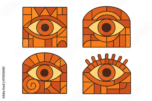 Set of esoteric eye symbols. Stained glass window style. Geometric abstract vector illustration. All-seeing eye logo. Magic, spiritual protection amulet and talisman design.