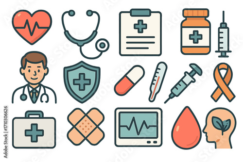 Health and medical icon set. Healthcare, treatment, and wellness symbols. Doctor, stethoscope, EKG, syringe, first aid kit, mental health. Vector cartoon flat line design.