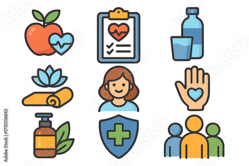 Health and wellness icon set. Personal and community care concepts. Healthy lifestyle, medical checkup, yoga, hydration, mental health, hygiene, and social well-being vector.